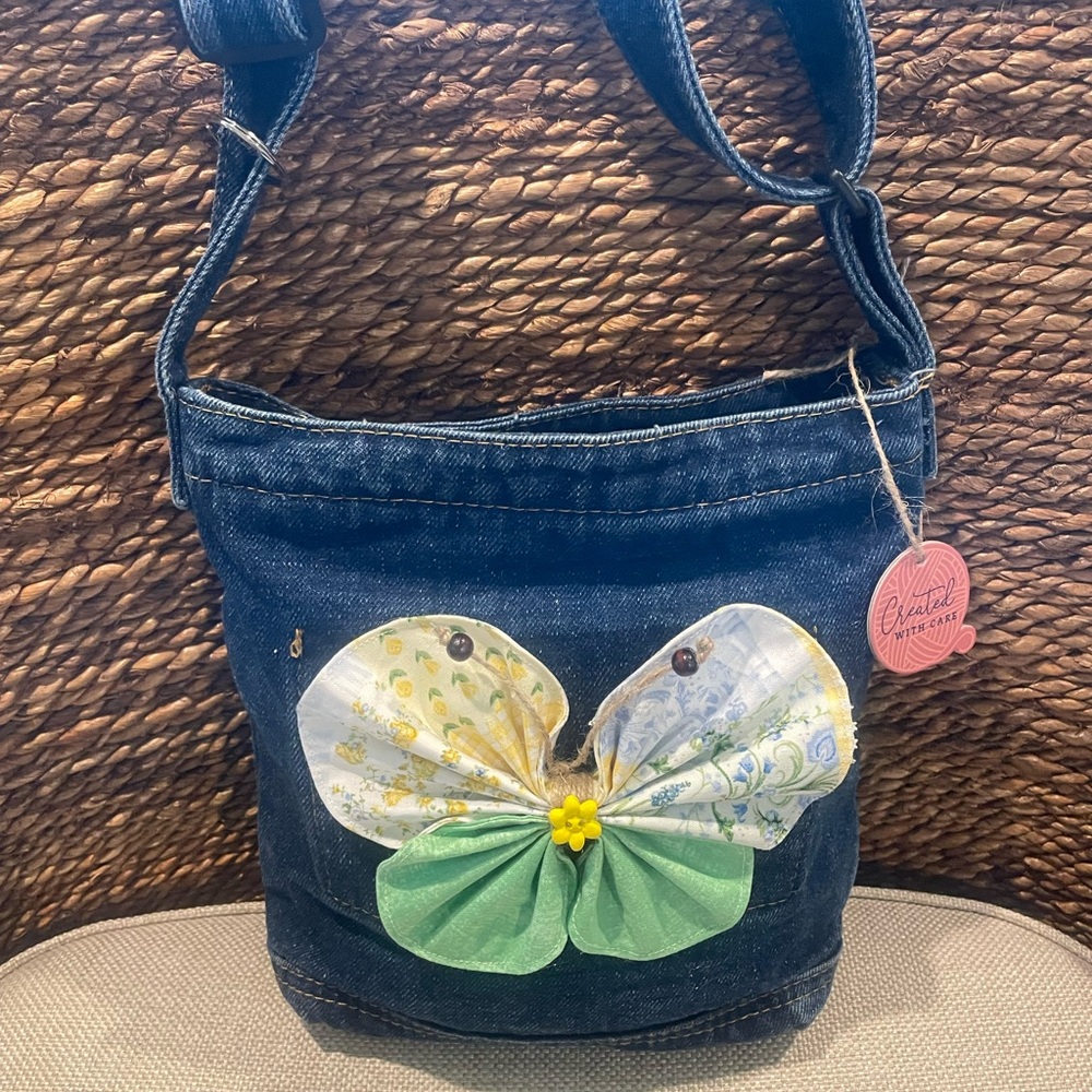 Denim Purse Shoulder Bag with Butterfly Accent. New.